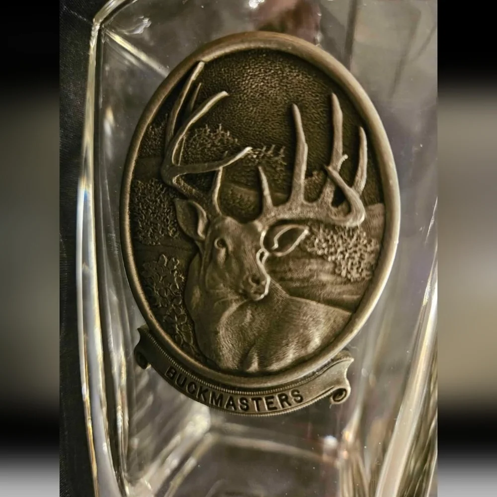 Buckmaster Pewter Whitetail Deer Heritage Metalworks Crystal Glass Vtg Decanter